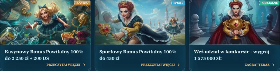Bonus powitalny w casino BetAlice Casino BetAlice – karty promocji: bonus kasynowy 100% do 2 250 zł + 200 DS, bonus sportowy 100% do 450 zł i konkurs